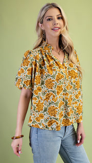 Leaf Print Puff Short Sleeve Top