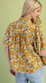 Leaf Print Puff Short Sleeve Top