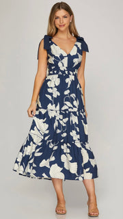Floral Sketch Bow Shoulder Midi Dress