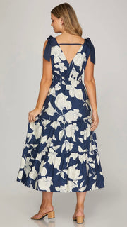 Floral Sketch Bow Shoulder Midi Dress
