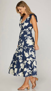 Floral Sketch Bow Shoulder Midi Dress