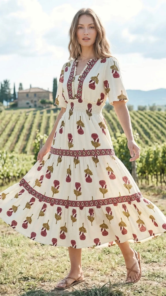 Floral Contrast Band Tiered Midi Dress