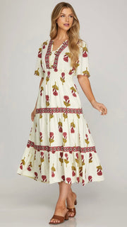 Floral Contrast Band Tiered Midi Dress