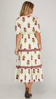 Floral Contrast Band Tiered Midi Dress