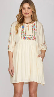 Embroidered 3/4 Sleeve Dress