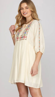 Embroidered 3/4 Sleeve Dress