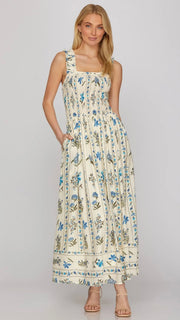 Floral Striped Smocked Bodice Maxi Dress