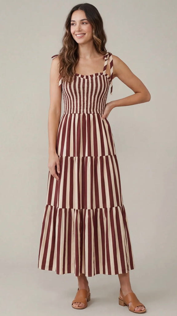 Stripe Smocked Bodice Midi Dress