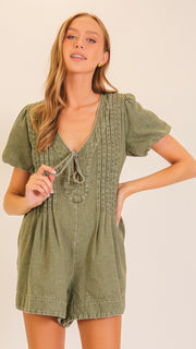 Washed Pintuck Tie Front Romper