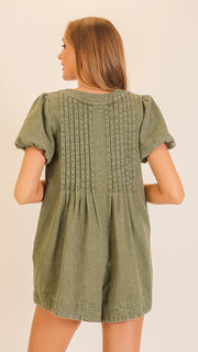 Washed Pintuck Tie Front Romper