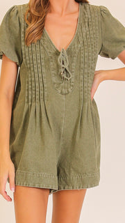 Washed Pintuck Tie Front Romper