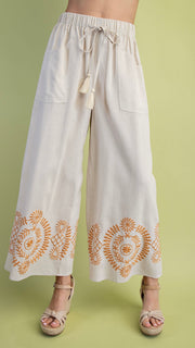 Embroidered Medallion Linen Mix Pants
