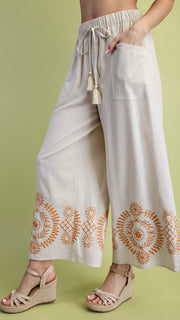 Embroidered Medallion Linen Mix Pants