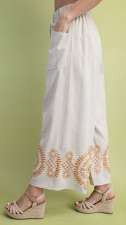 Embroidered Medallion Linen Mix Pants