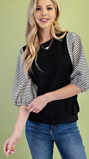 Mixed Fabric Stripe Puff Sleeve Top