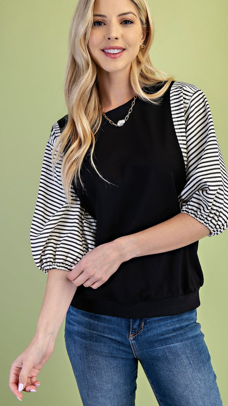 Mixed Fabric Stripe Puff Sleeve Top