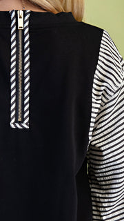 Mixed Fabric Stripe Puff Sleeve Top