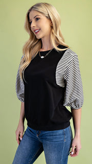 Mixed Fabric Stripe Puff Sleeve Top