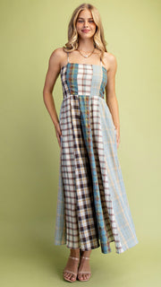 Mixed Plaid Midi Dress w/Pockets