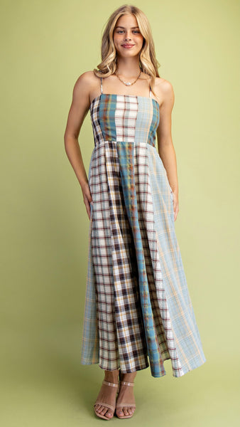 Mixed Plaid Midi Dress w/Pockets