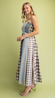Mixed Plaid Midi Dress w/Pockets