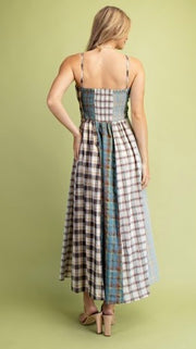 Mixed Plaid Midi Dress w/Pockets