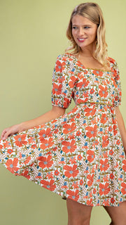 Floral Ric Rac Trim Puff Slv Dress
