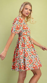Floral Ric Rac Trim Puff Slv Dress