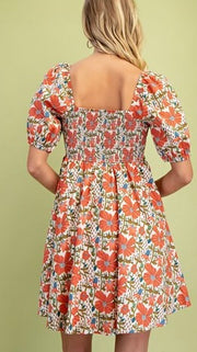 Floral Ric Rac Trim Puff Slv Dress