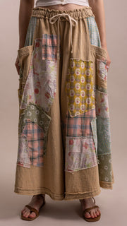 Patchwork Cotton Wide Leg Pants