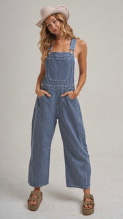 Stripe Barrel Leg Denim Overalls