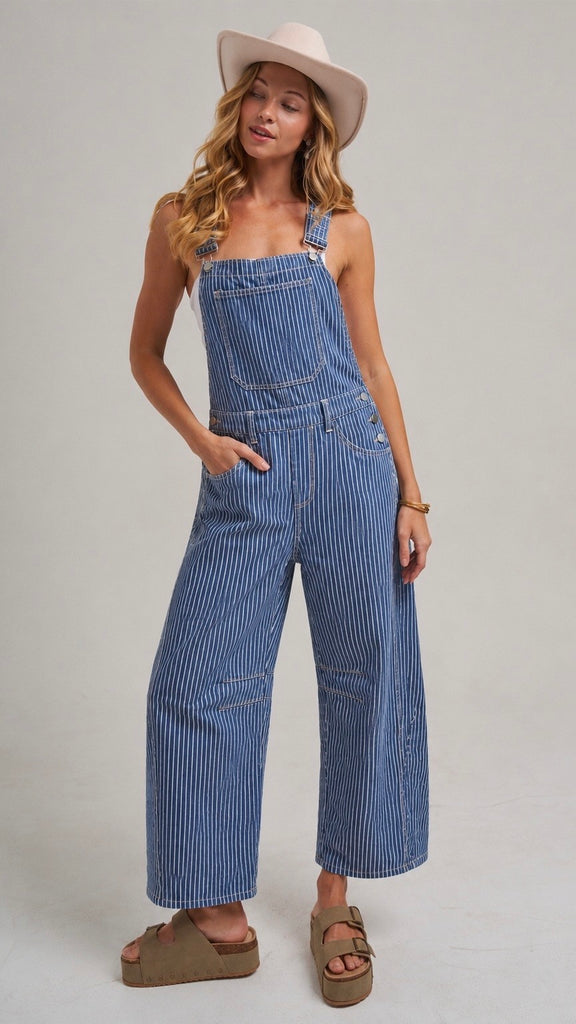 Stripe Barrel Leg Denim Overalls