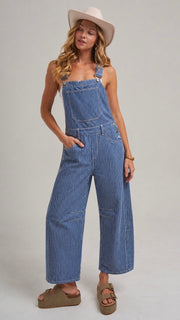 Stripe Barrel Leg Denim Overalls