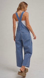 Stripe Barrel Leg Denim Overalls
