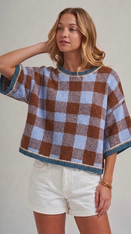 Fall Check Half Sleeve Sweater