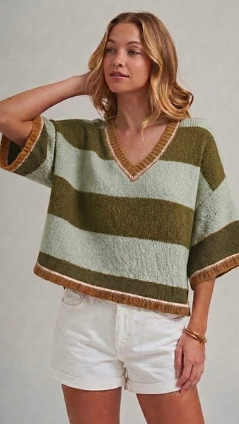 Wide Stripe V-Neck Slouch Sweater