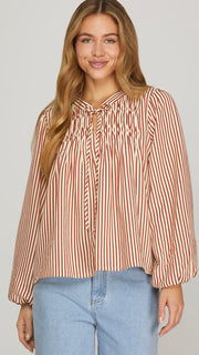 Stripe Pintuck Long Sleeve Top