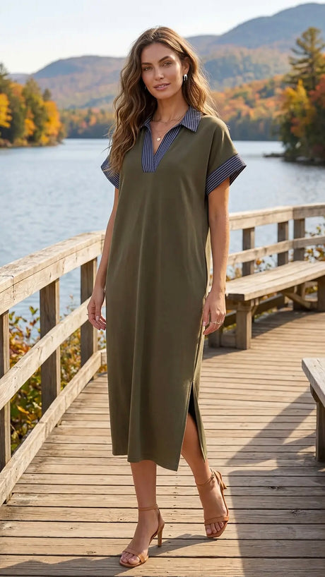 Scuba Stitched Denim Trim Midi Dress