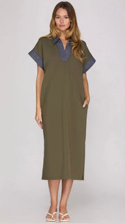 Scuba Stitched Denim Trim Midi Dress