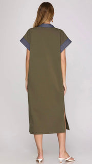Scuba Stitched Denim Trim Midi Dress