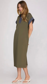 Scuba Stitched Denim Trim Midi Dress