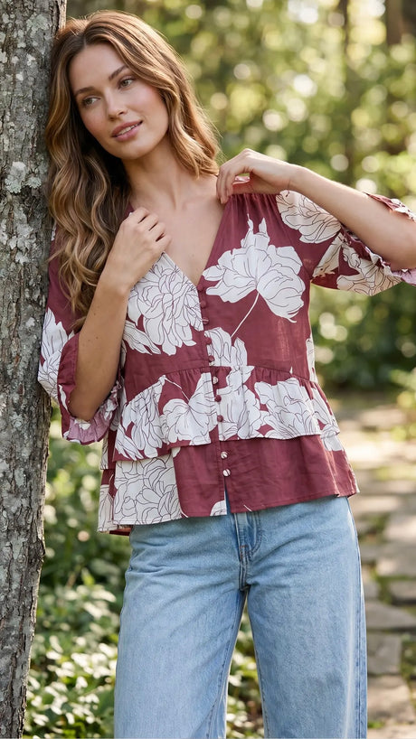 Floral 3/4 Ruffle Slv Top