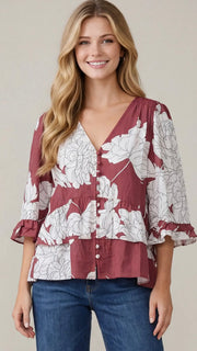 Floral 3/4 Ruffle Slv Top