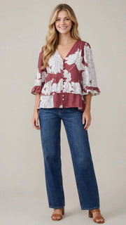 Floral 3/4 Ruffle Slv Top