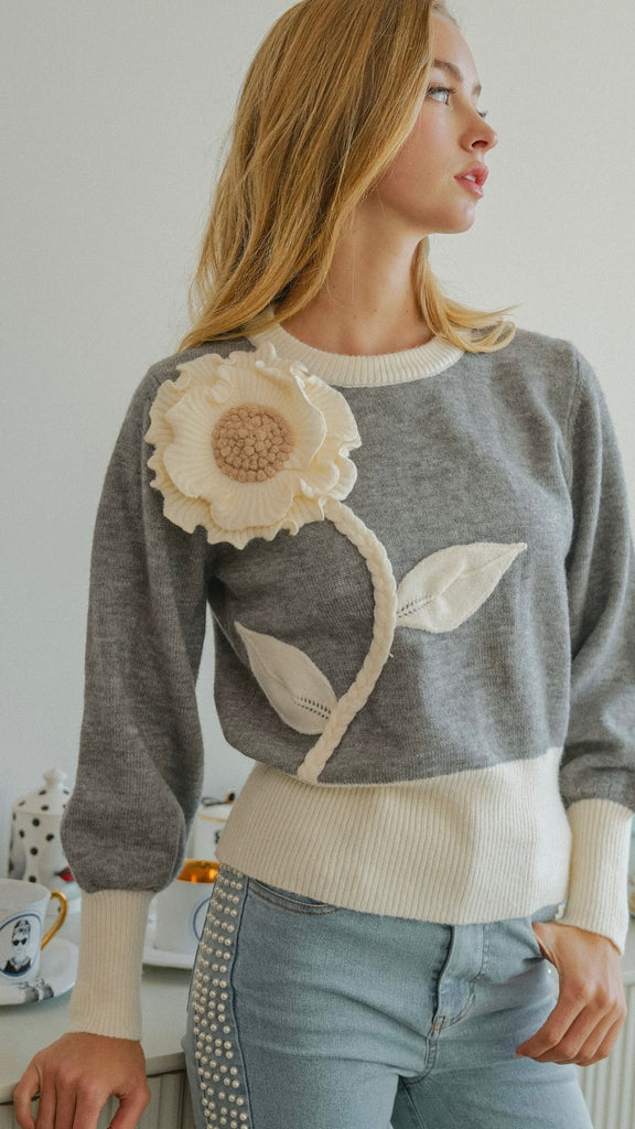 3D Flower Colorblock Sweater