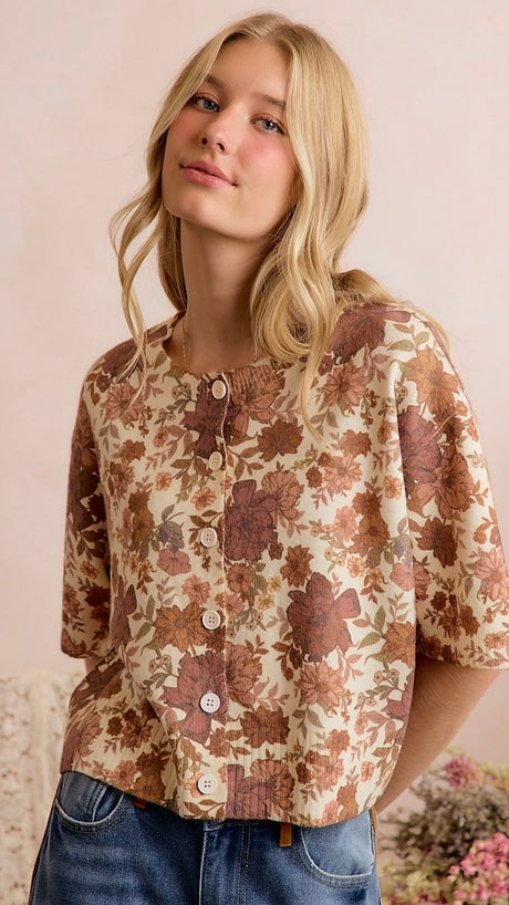 Floral Print Half Sleeve Cardigan