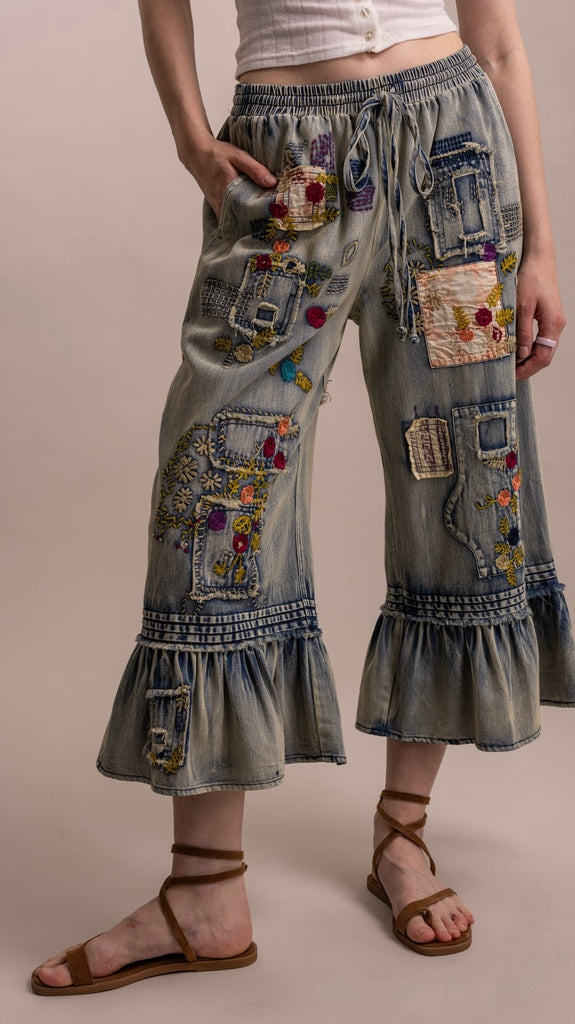 Embroidered Patchwork Ruffle Hem Jeans
