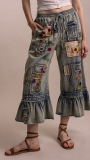 Embroidered Patchwork Ruffle Hem Jeans