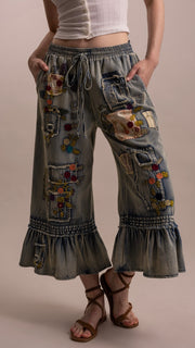 Embroidered Patchwork Ruffle Hem Jeans