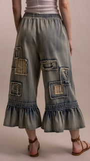 Embroidered Patchwork Ruffle Hem Jeans